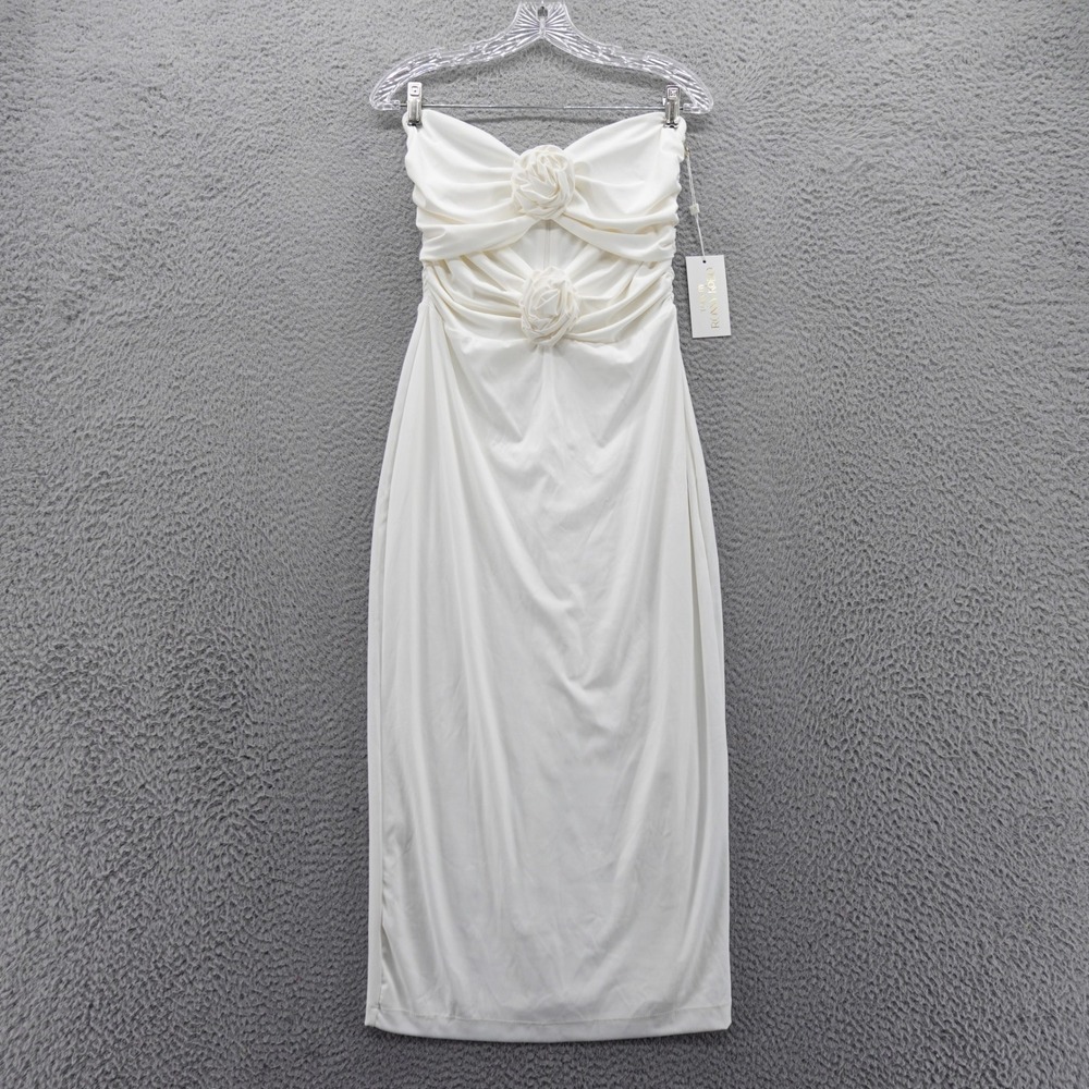 NWT Torn by Ronny Kobo White Strapless Midi Dress with Rosette Detail